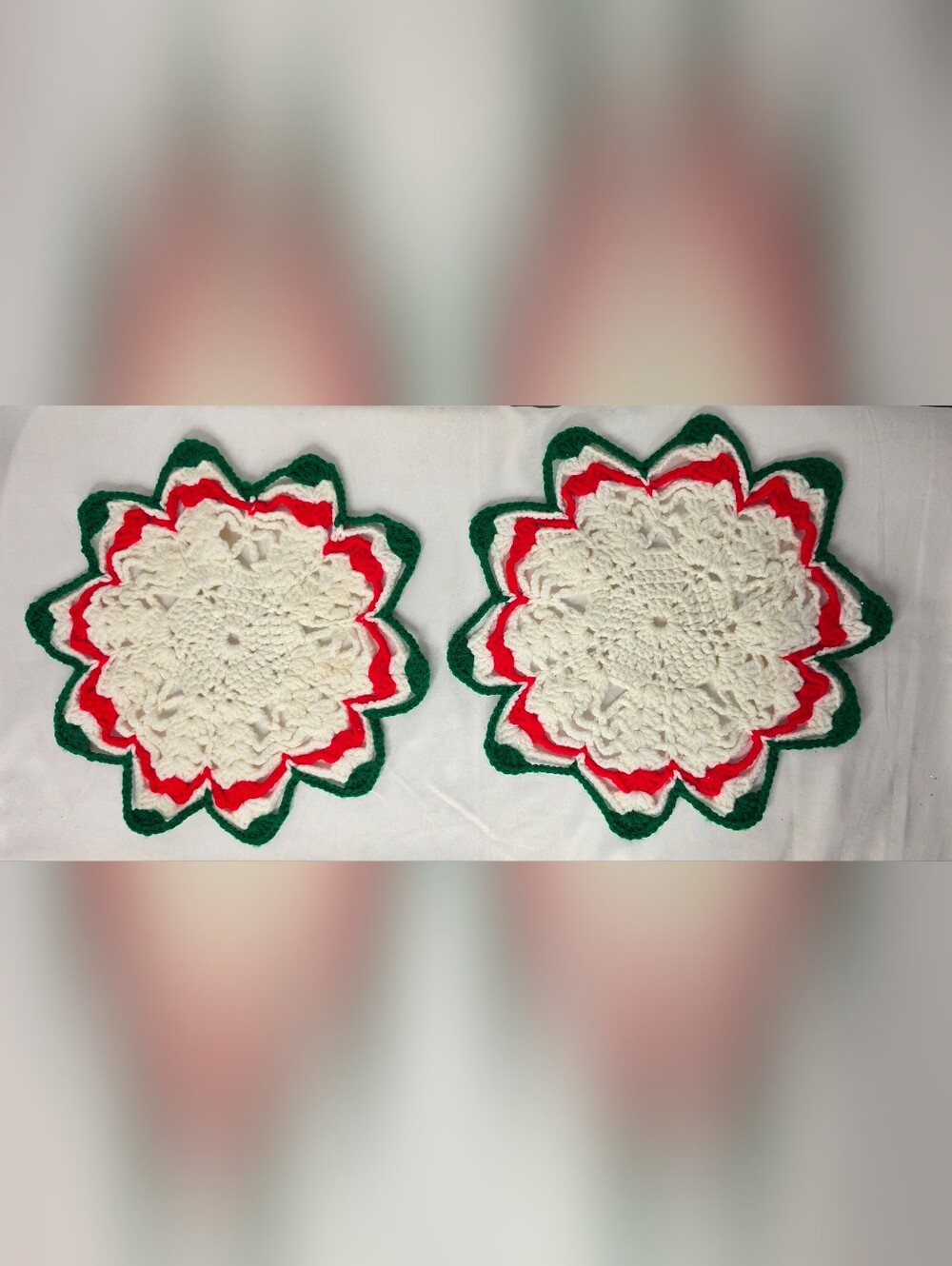 Vintage Handmade Crochet Christmas Doilies Table Placemat Red Green White